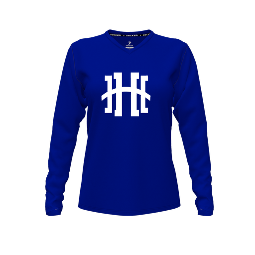 [CUS-DFW-TEES-CMF-VNK-LSL-RYL-FYXS-LOGO2] Decker Comfort T-Shirt (Female Youth XS, Royal, V Neck, Logo 2, Long Sleeve)