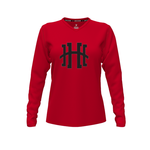 [FTLVCFRD-FYXS-LOGO1] Decker Comfort T-Shirt (Female Youth XS, Red, V Neck, Logo 1, Long Sleeve)